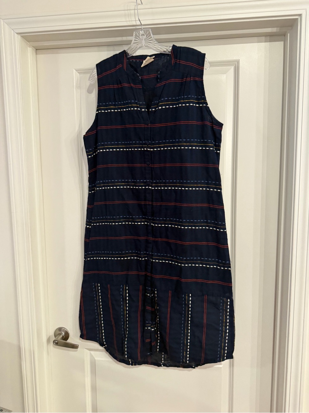 Mata Traders Navy Sleeveless Stripe Shift Dress with Red & White Details
